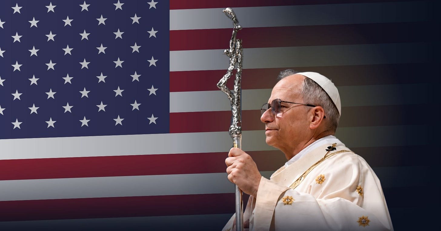 Pope Leo XIV holding his pastoral staff in front of an American flag