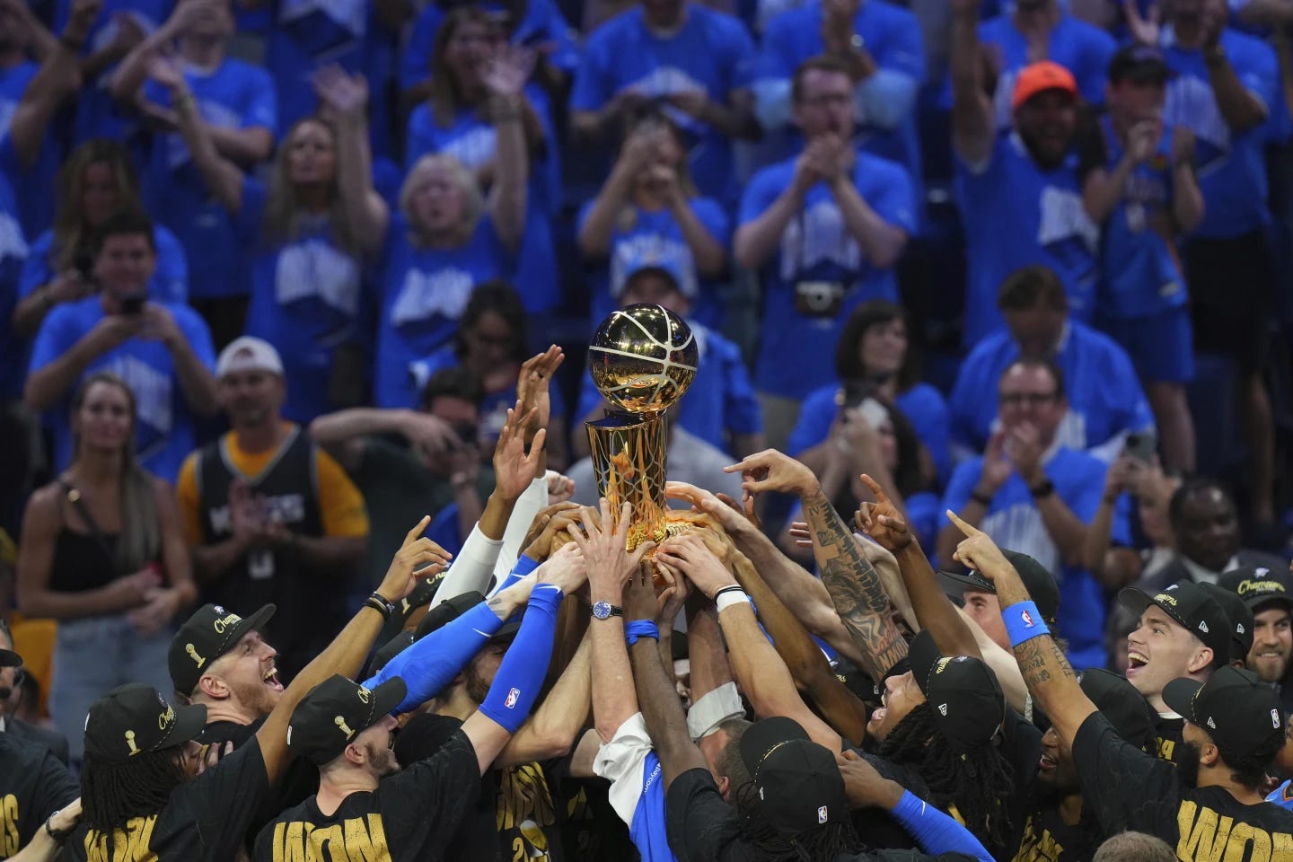 Oklahoma City Thunder players hold up the Larry O’Brien Championship Trophy after they won the NBA basketball championship with a Game 7 victory against the Indiana Pacers Sunday, June 22, 2025, in Oklahoma City. (AP Photo/Nate Billings) Oklahoma City Thunder players hold up the Larry O’Brien Championship Trophy after they won the NBA basketball championship with a Game 7 victory against the Indiana Pacers Sunday, June 22, 2025, in Oklahoma City. (AP Photo/Nate Billings)