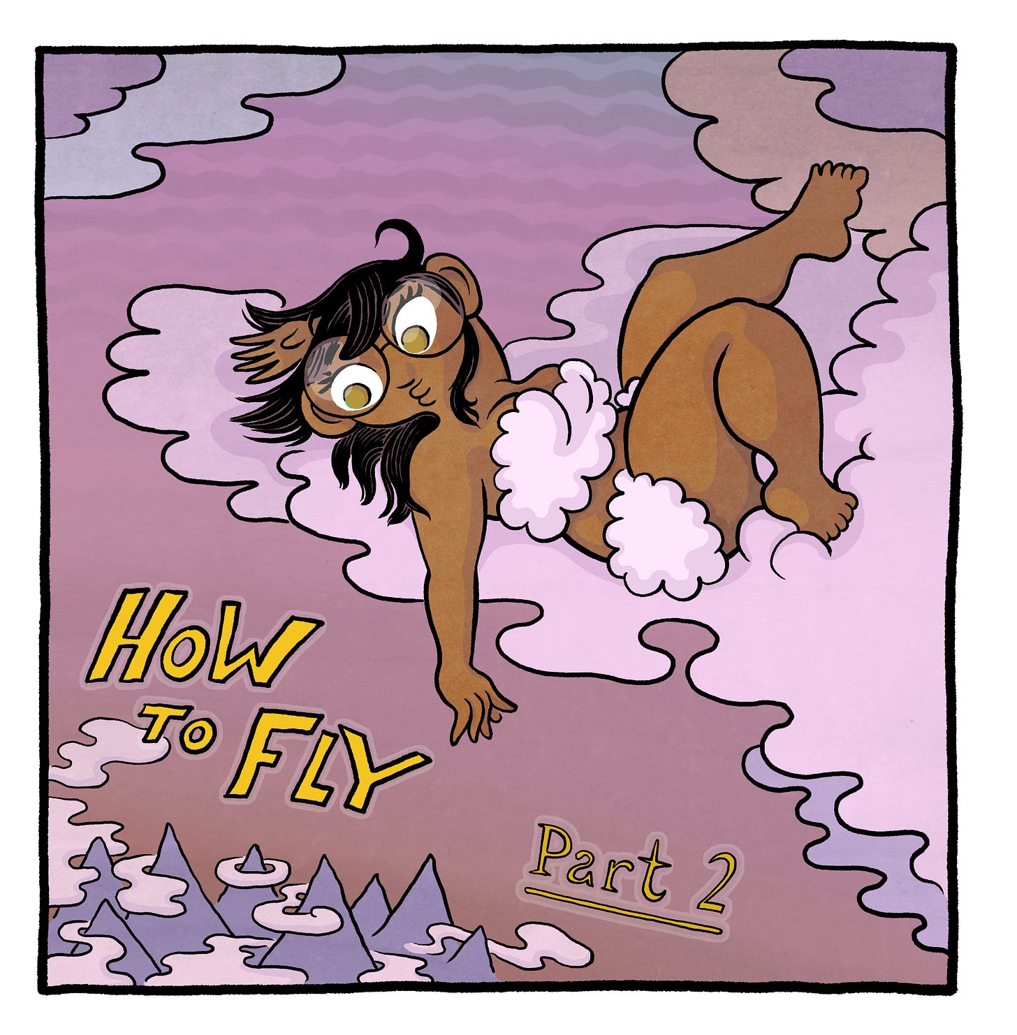 Cover image for How to Fly Part 2. The woman floats peacefully among purple clouds while several ducks fly around her. Cover image for How to Fly Part 2. The woman floats peacefully among purple clouds while several ducks fly around her.