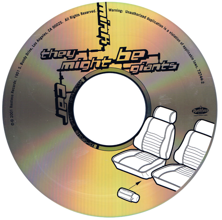 CD disc artwork from Mink Car by They Might Be Giants, featuring minimalist line art of car seats and reflective surface design.