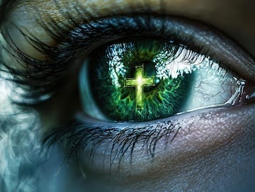 A human eye with a glowing cross reflected in the pupil symbolizing faith  and spirituality | Premium AI-generated image
