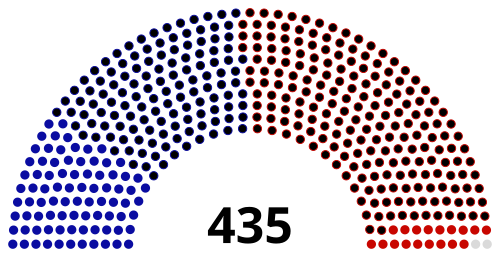 A semicircular seating chart on a black background showing two sections of colored dots: blue seats on the left and red seats on the right, separated by a vertical split, with a single white dot at the far lower-right edge.