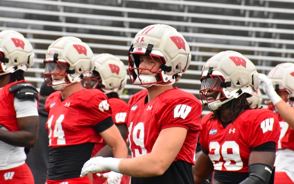 Wisconsin Badgers linebacker Thomas Heiberger warms up during a fall camp practice.