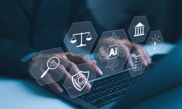 AI Laws and Regulations Concept. Hand typing on laptop with digital icons representing artificial intelligence, legal standard, ethics, and regulatory compliance, Technology law and policy, copyright, AI Laws and Regulations Concept. Hand typing on laptop with digital icons representing artificial intelligence, legal standard, ethics, and regulatory compliance, Technology law and policy, copyright, AI Consulting  stock pictures, royalty-free photos & images