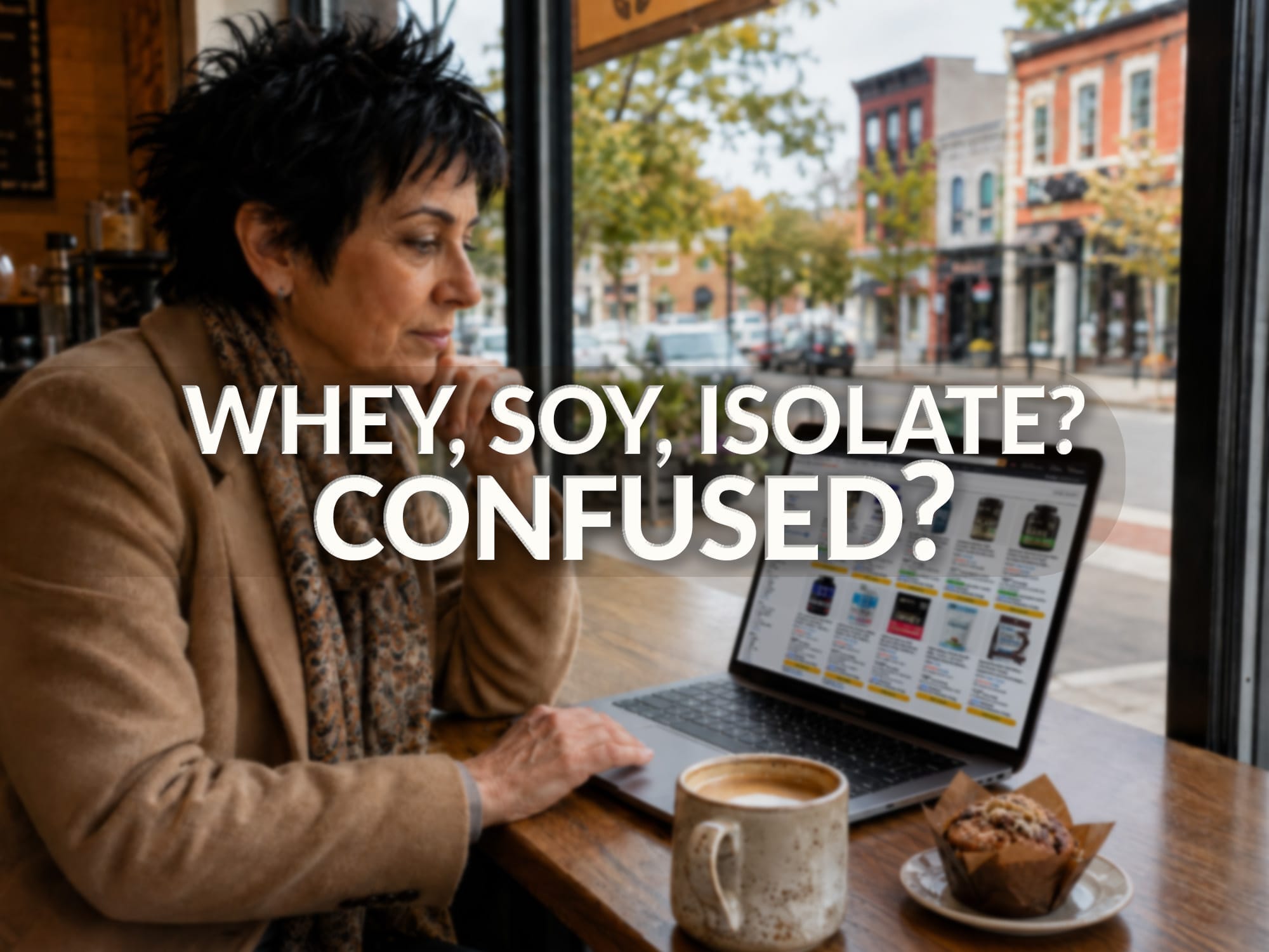 A woman sits in a coffeeshop browsing protein powders on her laptop A woman sits in a coffeeshop browsing protein powders on her laptop