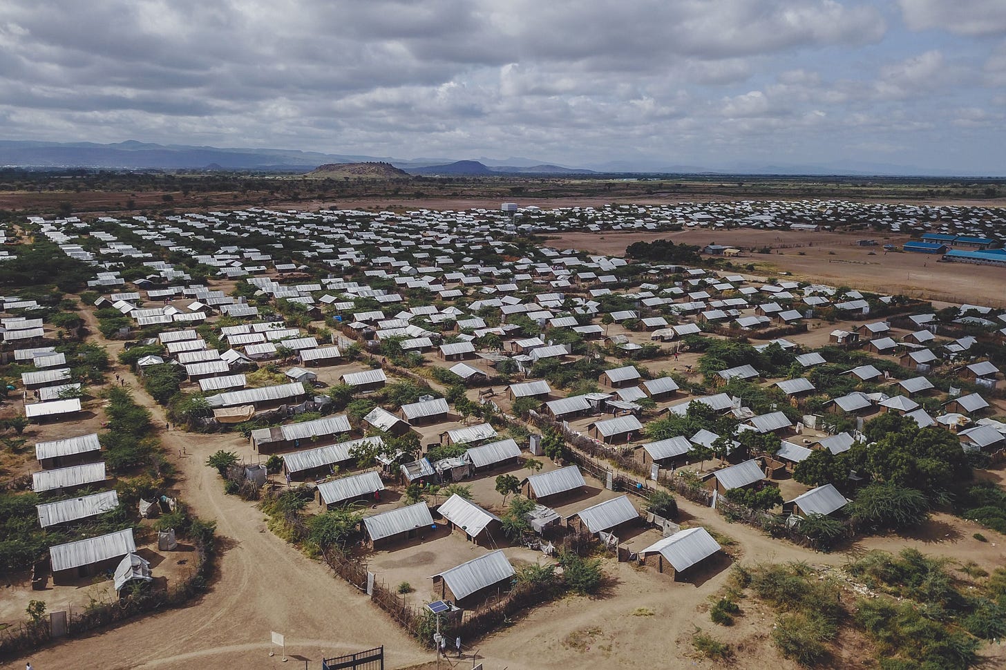 Low angle aerial view of the vast Kakuma refugee camp.