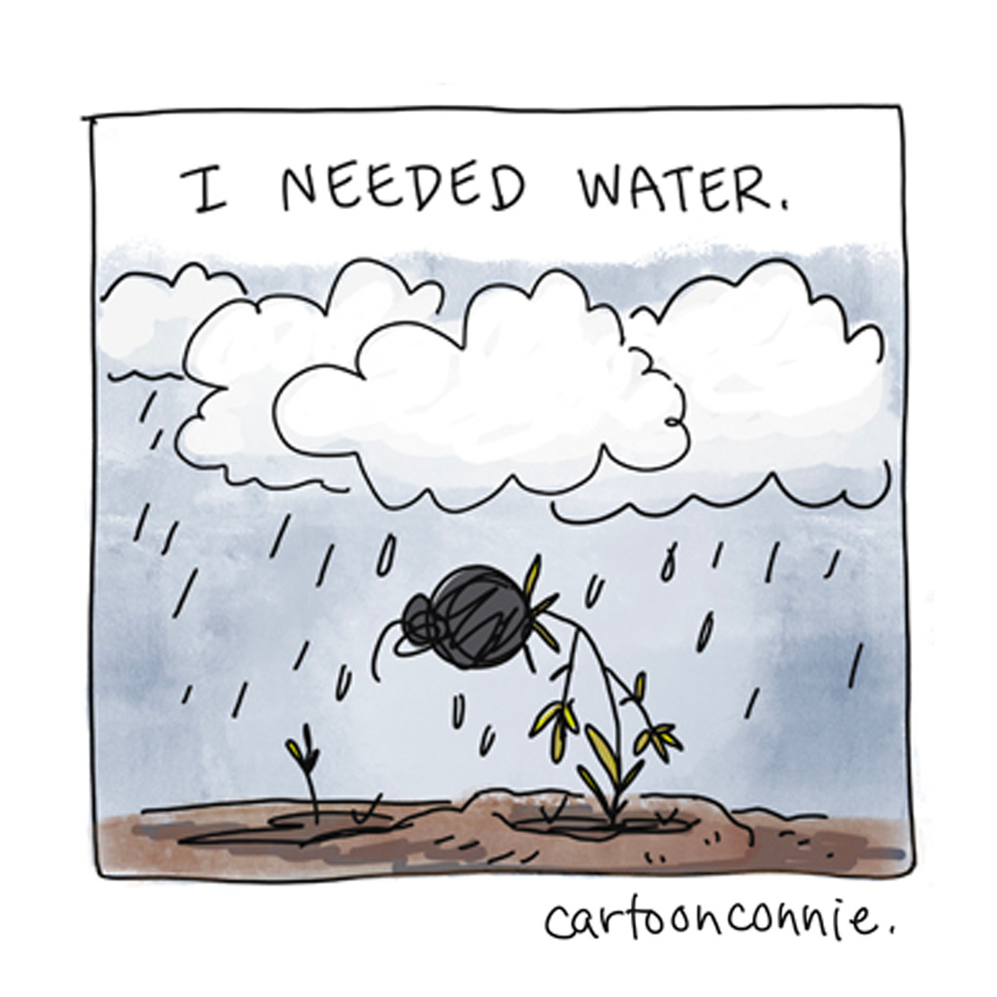 Panel 3 of 6-panel comic strip about recovering from depression over time. The panels illustrate a wilted plant in darkness, getting water and light, little by little, everyday. Titled "How I Got Better," by Connie Sun, cartoonconnie, 2025. 