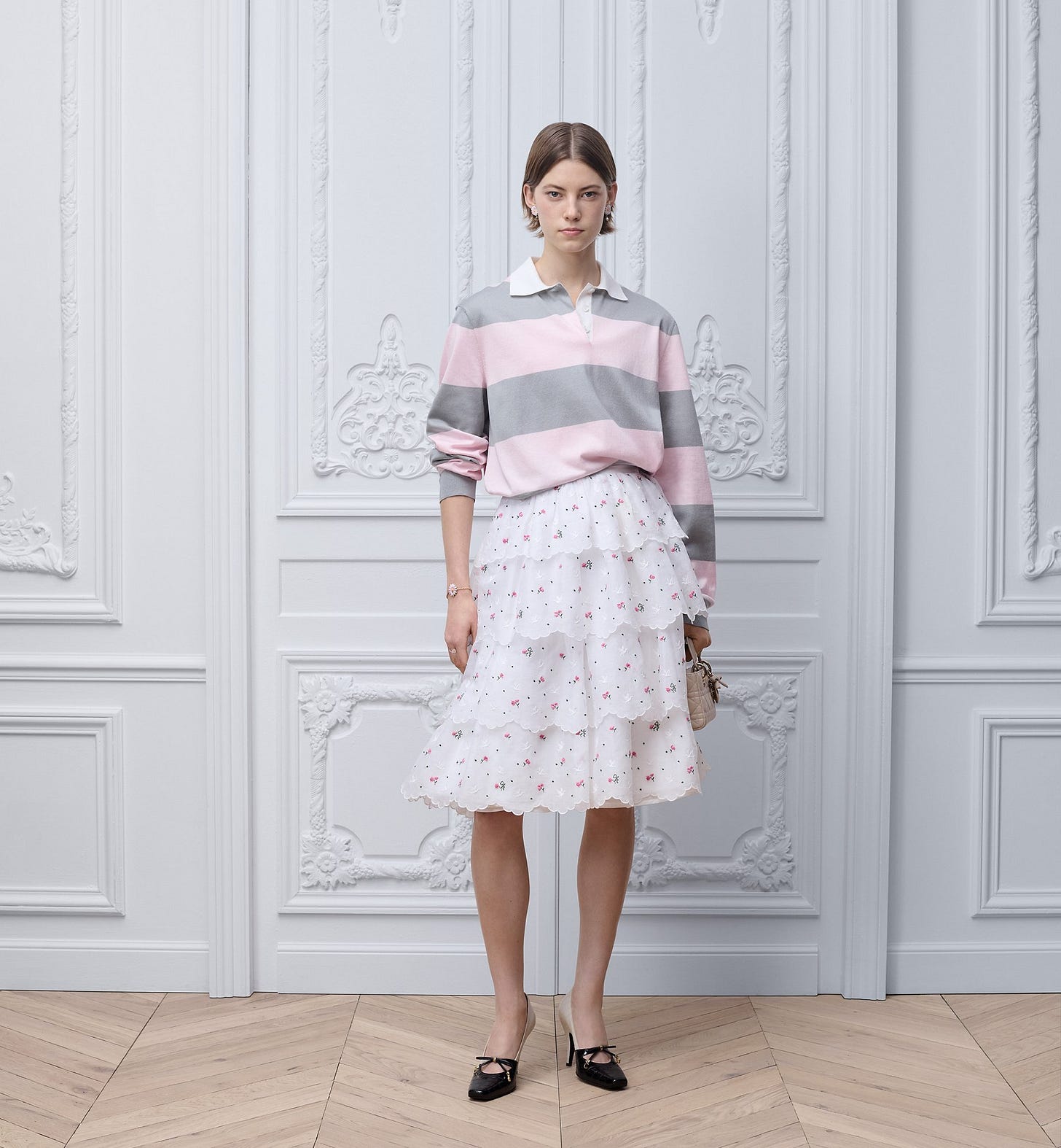 Zoom view - Image 2 - Look Dior Marinière Long-Sleeved Polo Shirt Gray and Pink Cotton Knit E01 (Dior Marinière Long-Sleeved Polo Shirt)