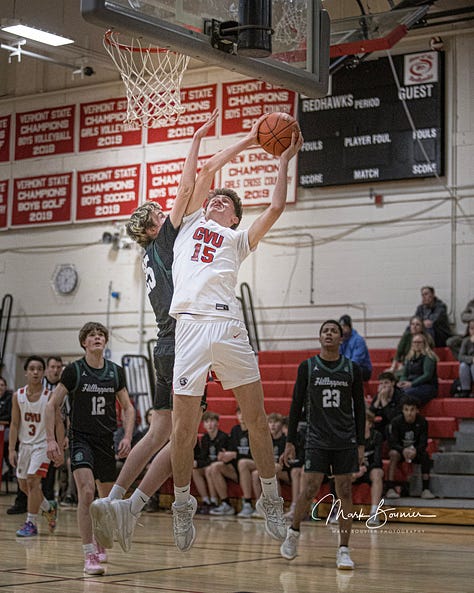 Five pictures of CVU boys basketball players in various stages of leaping and shooting with the ball. White uniforms with red lettering.