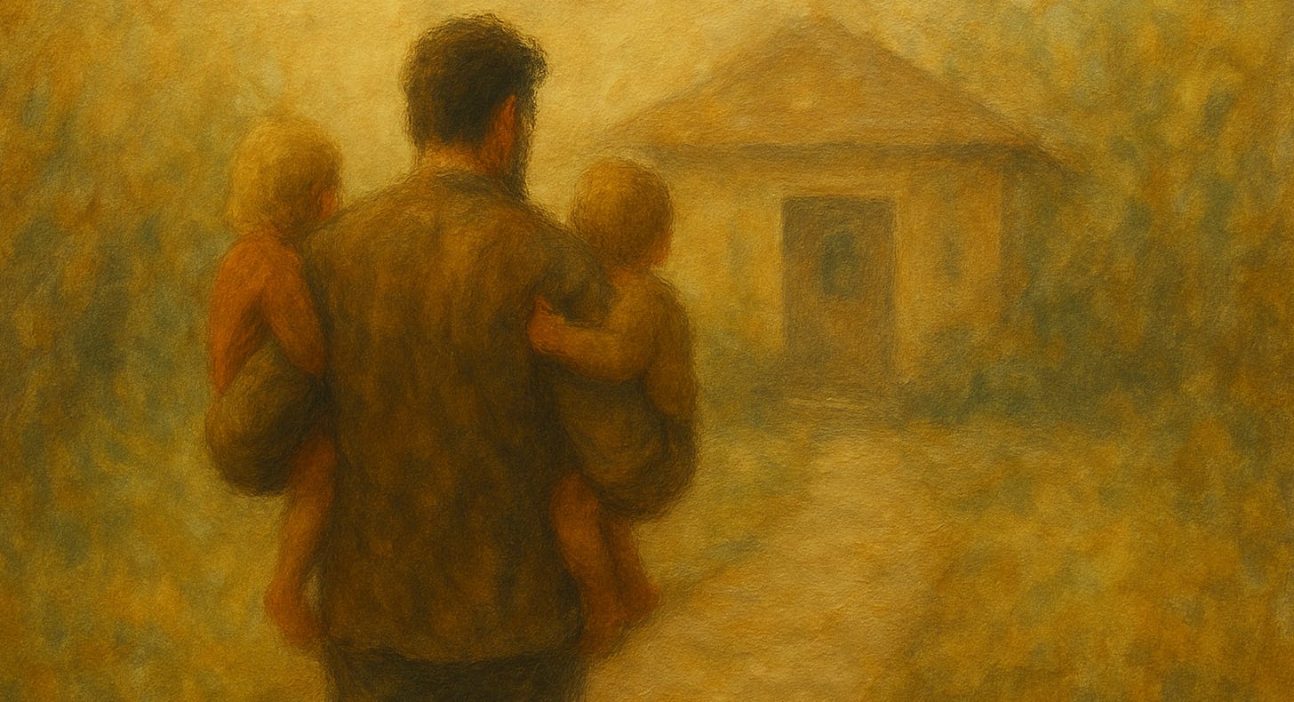 A father holding his two children