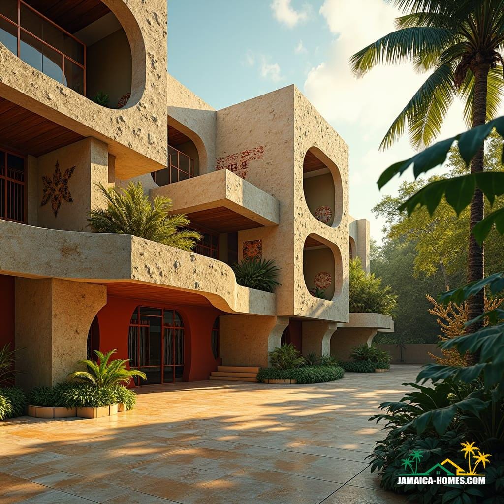 A majestic cultural arts center in Kingston, Jamaica, blending traditional Jamaican architectural elements with modern flair, as if plucked from a cinematic dream. Warm, golden light dances across the building's textured façade, evoking the island's rich heritage. Earthy tones of natural stone and wood harmonize with vibrant hues, echoing the rhythms of reggae music. Bold, geometric patterns inspired by traditional Jamaican textiles adorn the walls, infusing the space with energy. Open courtyards, reminiscent of ancient African and Caribbean gathering spaces, invite community and creativity to flourish. Sunlight filters through the lush tropical foliage, casting dappled shadows on the polished stone floors. Art exhibitions and performances come alive within the center's fluid, organic spaces, while community gatherings and festivals spill out into the vibrant streets of Kingston. Inspired by the works of architect Frank Lloyd Wright and the Afro-Caribbean aesthetic of artists like Errol Lloyd and Ebony G. Patterson, this cultural oasis embodies the spirit of Jamaican creativity and resilience. The building's design weaves together sustainable materials and innovative building techniques, creating a shining example of eco-friendly architecture in the Caribbean. As the camera pans across the center's sweeping lines and dynamic spaces, the image comes alive with the pulse of Jamaican culture. 