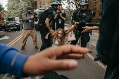 (1) A protestor is detained by police during a pro-Palestine march to the Manhattan Bridge in Brooklyn, NY, on May 11. Olga Federova—EPA-EFE/Shutterstock, (2) New York City Police arrests a pro-Palestinian protestor during a demonstration calling for a permanent ceasefire in Gaza, on Monday, Feb. 12, in New York. Several protesters were arrested as the NYC government implemented measures to restrict pro-Palestinian demonstrations. Andres Kudacki for TIME. (3) Police grab a protester as they break up an encampment on the University of Texas campus, on April 29. Lorianne Willett.