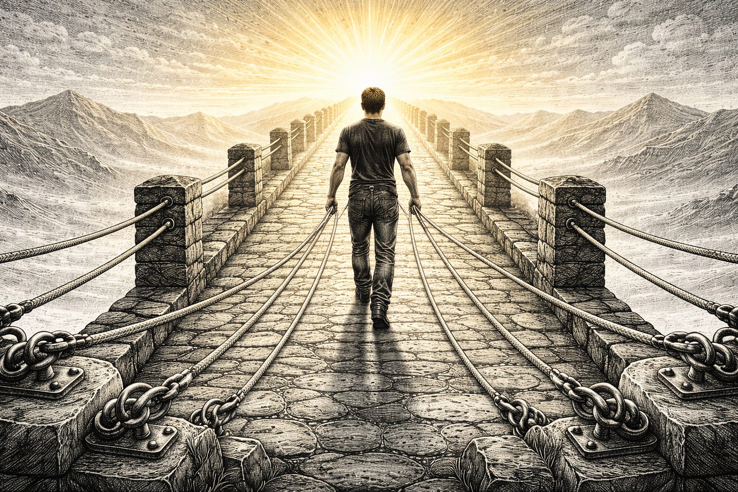 A man crosses a solid stone bridge toward a glowing horizon while multiple backup safety lines tether him to anchors behind him, showing how extra reassurance and control stop him from moving forward.