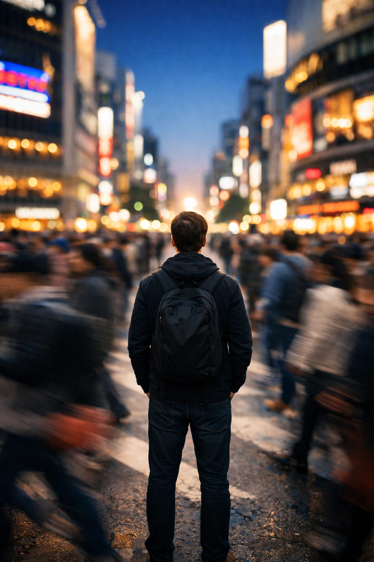 Individual standing focused in a blurred city crowd, representing moral stability and identity | Dr. Marcus Peter
