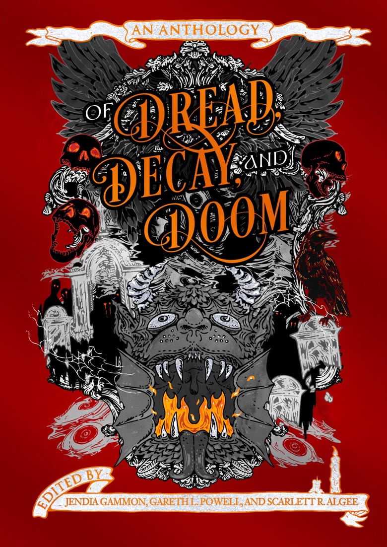 Cover art for the anthology Of Dread, Decay, and Doom. A demon head surrounded by human skulls, wings, and other bizarre imagery. Cover art for the anthology Of Dread, Decay, and Doom. A demon head surrounded by human skulls, wings, and other bizarre imagery.