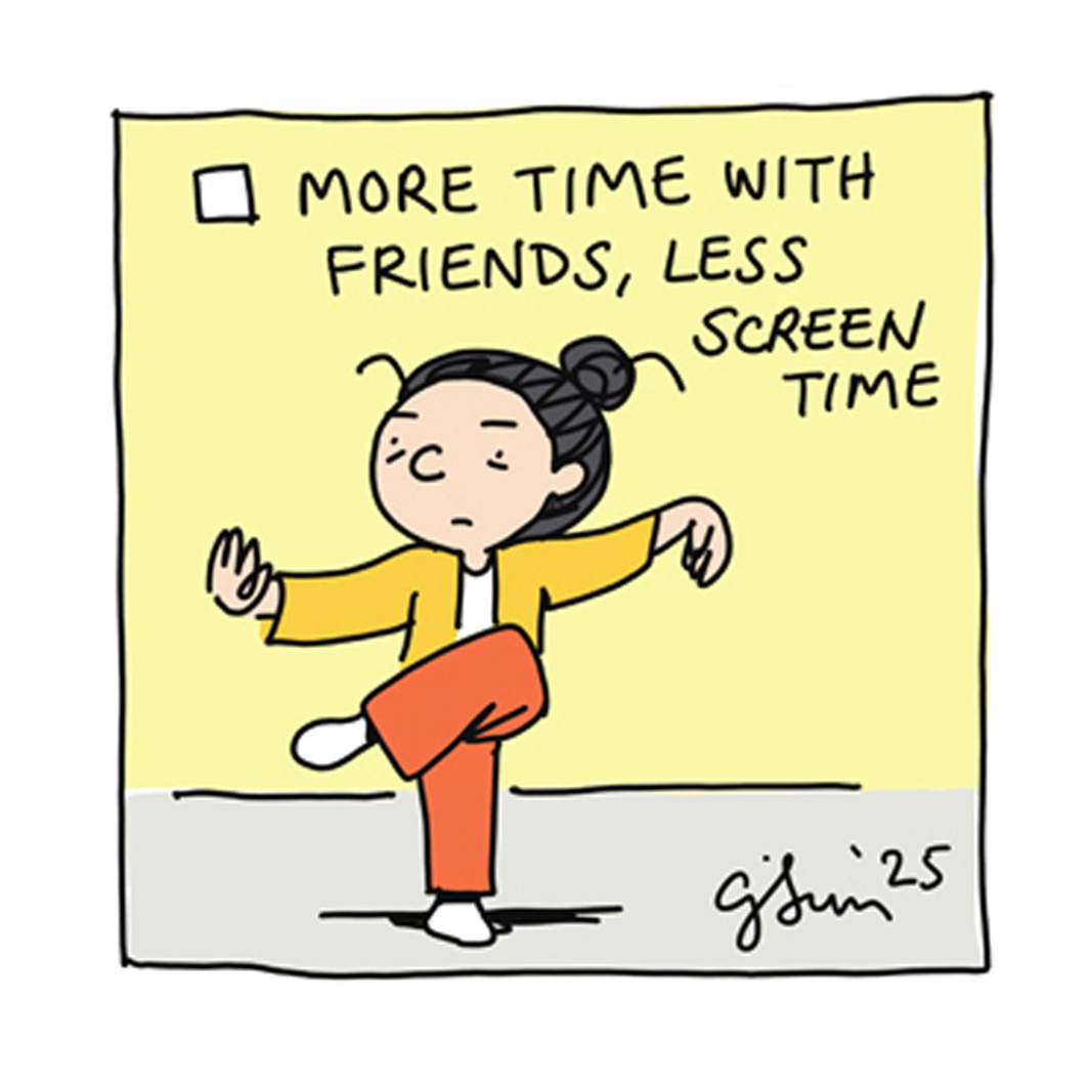 Colorful illustration of a cartoon girl with a bun in a comical kungfu pose. Excerpt from a comic strip titled "Personal Demon Slayer," original art by Connie Sun, cartoonconnie, 2025. Colorful illustration of a cartoon girl with a bun in a comical kungfu pose. Excerpt from a comic strip titled "Personal Demon Slayer," original art by Connie Sun, cartoonconnie, 2025.