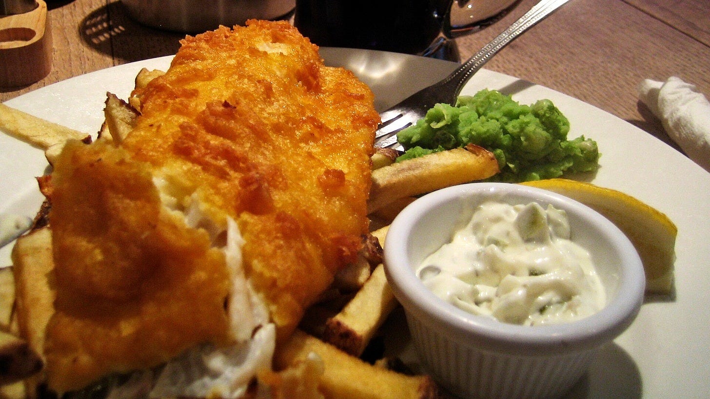Beer-battered cod and chips in England, not the Columbia Harbour House platter. Image: Gordon Joly via Wikimedia Commons Beer-battered cod and chips in England, not the Columbia Harbour House platter. Image: Gordon Joly via Wikimedia Commons