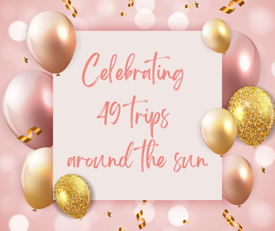 a pink background with balloons and text that says celebrating 49 trips around the sun a pink background with balloons and text that says celebrating 49 trips around the sun
