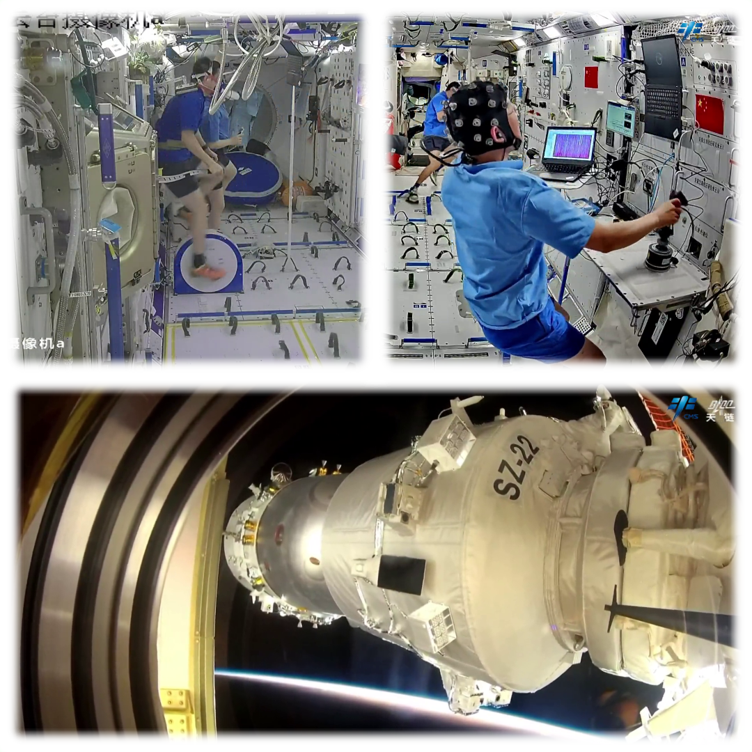 Wu Fei exercising on a microgravity bike (top left), Zhang Hongzhang participating in an electroencephalography experiment (top right), and the Shenzhou-22 spacecraft docked to Tianhe’s forward docking port (bottom).