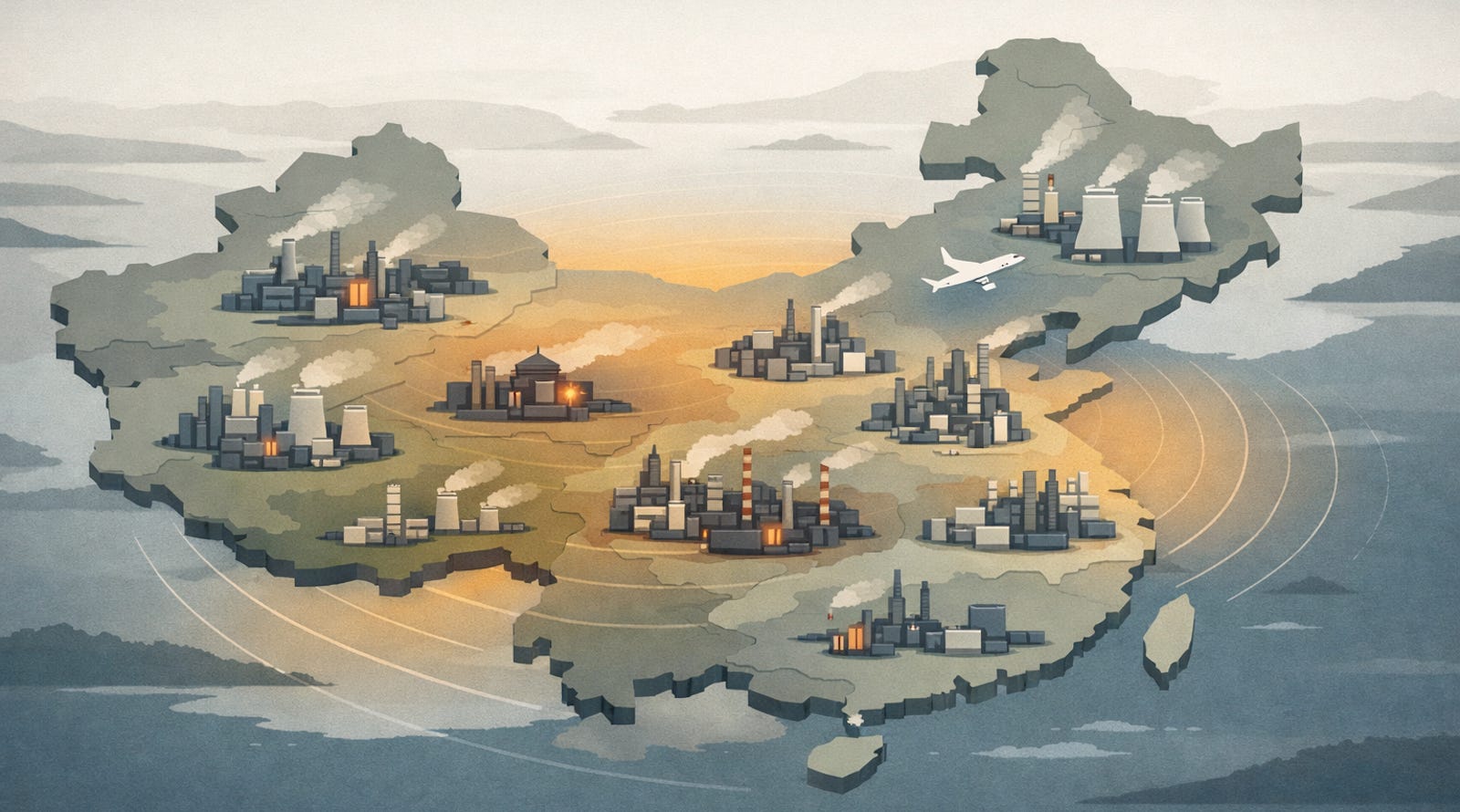 Illustration of China’s carbon market expanding across heavy industry and aviation. Illustration of China’s carbon market expanding across heavy industry and aviation.