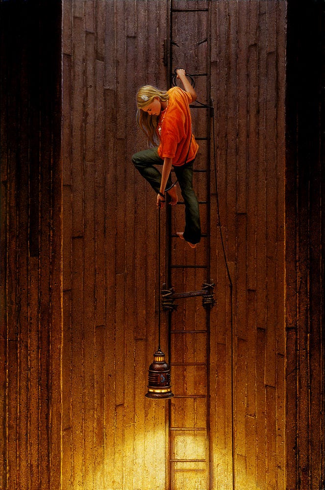 A barefoot young woman, wearing an orange shirt and blue jeans, pauses during a long climb up a concrete shaft. Long blonde hair cascades down as she holds onto a makeshift wooden ladder with one hand to look down. The rung directly above her is broken, but she doesn't see it as her attention is focused on the burden she hauls behind her. A rope wrapped about her wrist is drawn taut with the weight of a lantern hanging several feet below. Light illuminates only the shaft beneath her.