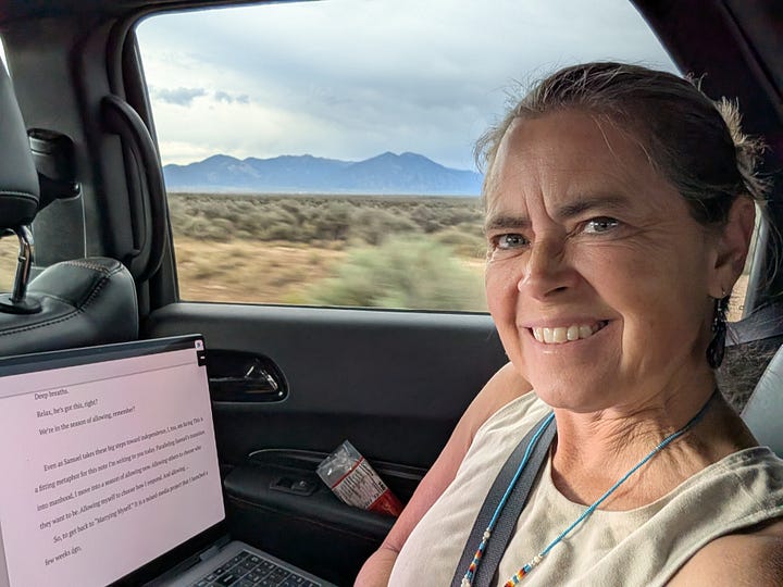 Two images: One of the author (Rosa Linda Román) in the backseat of her Dodge Durango with New Mexico mountains in the background and a laptop on her lap. The other of her son driving in the front seat.