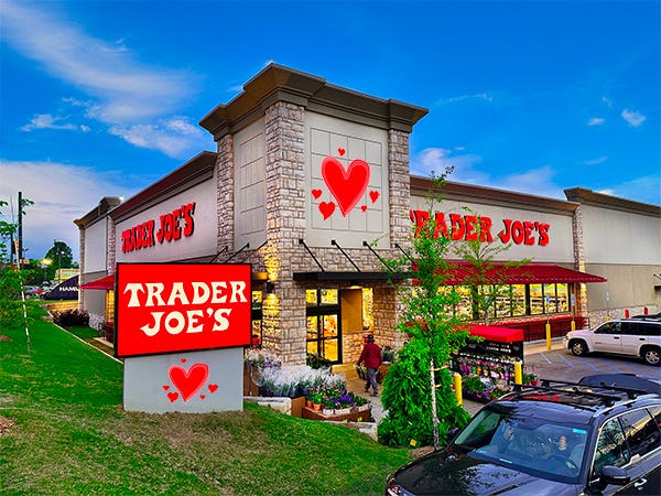 Image of Trader Joe's Store but it has a heart next to its logo Image of Trader Joe's Store but it has a heart next to its logo
