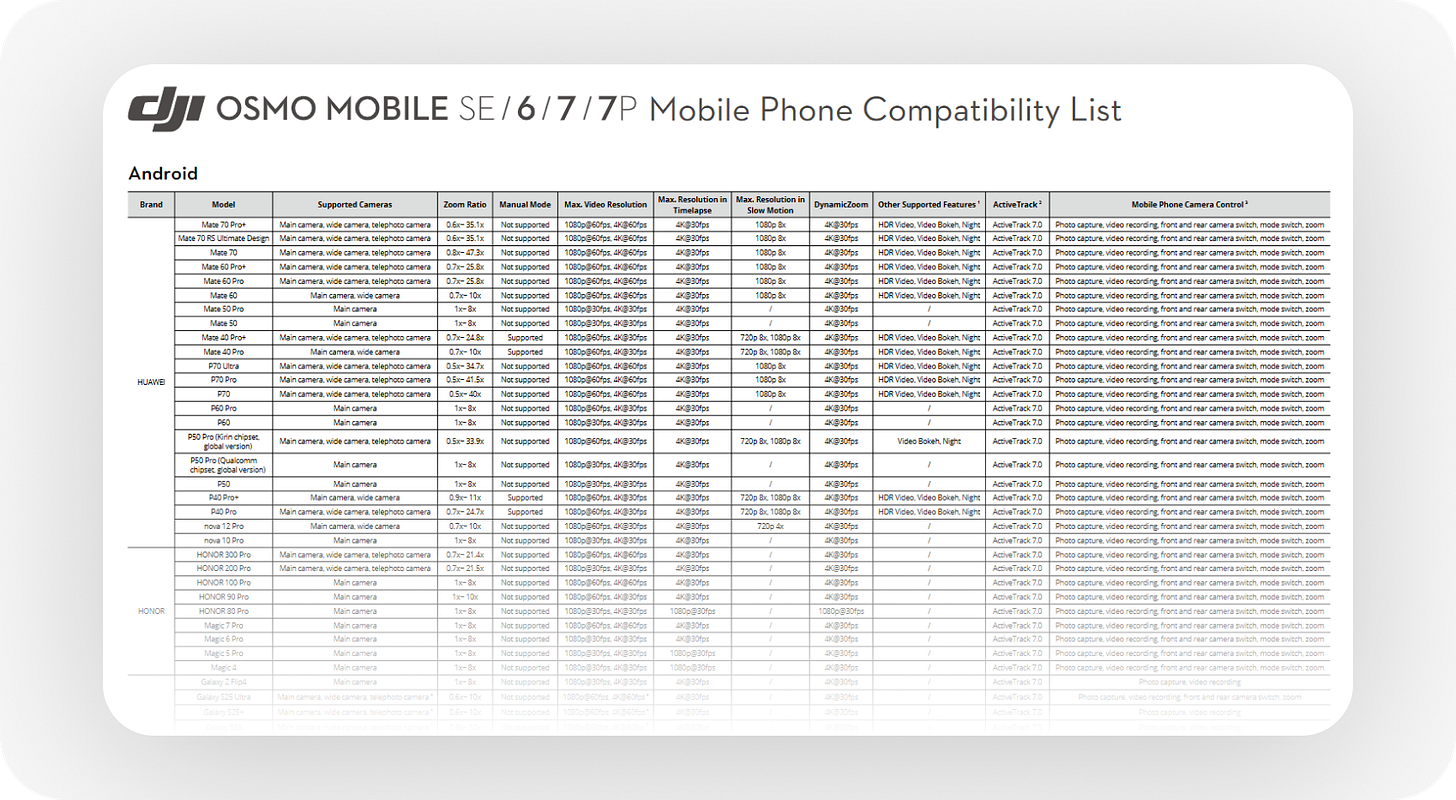 DJI Osmo Mobile SE, 6, 7, 7P 스마트폰 호환 리스트 DJI Osmo Mobile SE, 6, 7, 7P 스마트폰 호환 리스트