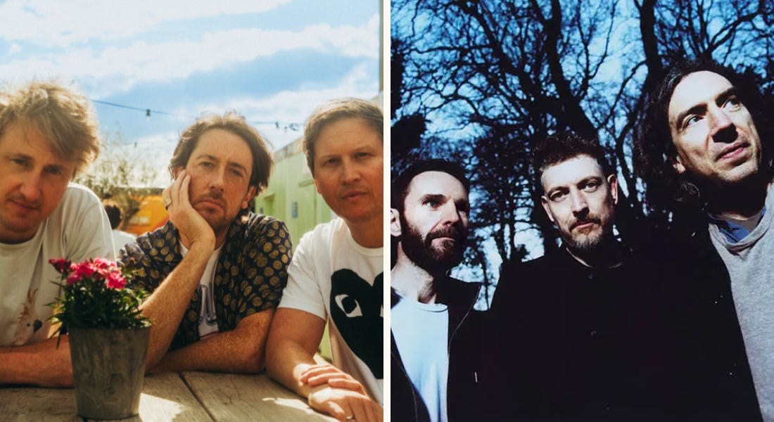 Two pictures - one of the Wombats sat at a table wearing white t-shirts, and one of Snow Patrol in the woods looking to the right