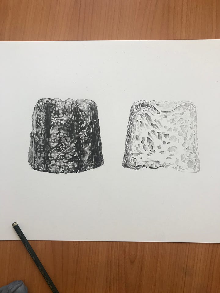 A image of the work in progress when the pencil drawing isn't quite finished, and an image of the finished drawing on a surface with pencils around it and an actual canelé on a plate above it.