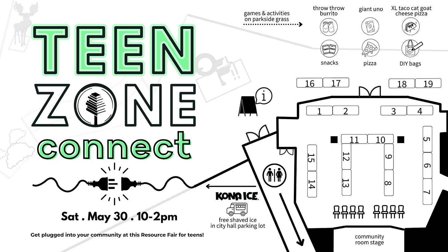 Teen Zone connect event information for Saturday, May 30, 2026, from 10-2pm; has a layout of the Community Room downstairs at the Coeur d'Alene Public Library; there will be games, free shaved ice, food, a station to decorate tote bags, and more