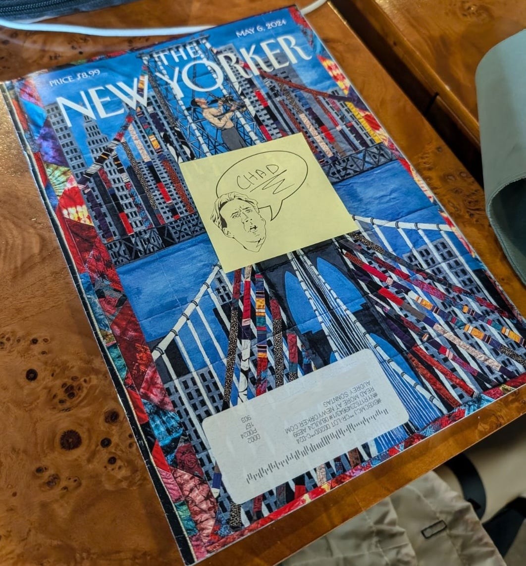 Copy of The New Yorker from May 6 2024 with a post-it note stuck to it showing Nicolas Cage and a word bubble in which someone has written and underlined "Chad" Copy of The New Yorker from May 6 2024 with a post-it note stuck to it showing Nicolas Cage and a word bubble in which someone has written and underlined "Chad"