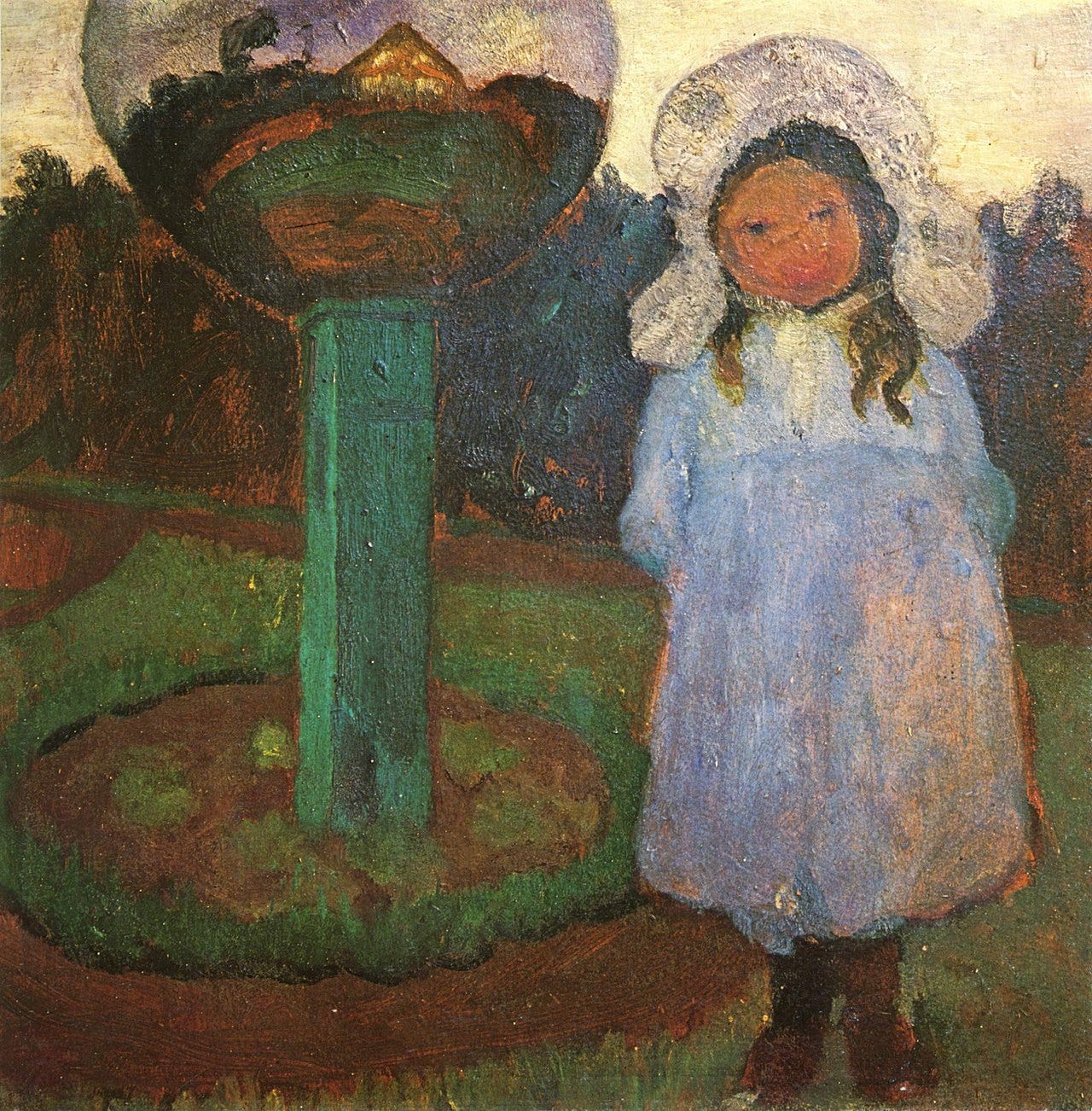 Painting of little girl in white dress next to a globe in the garden