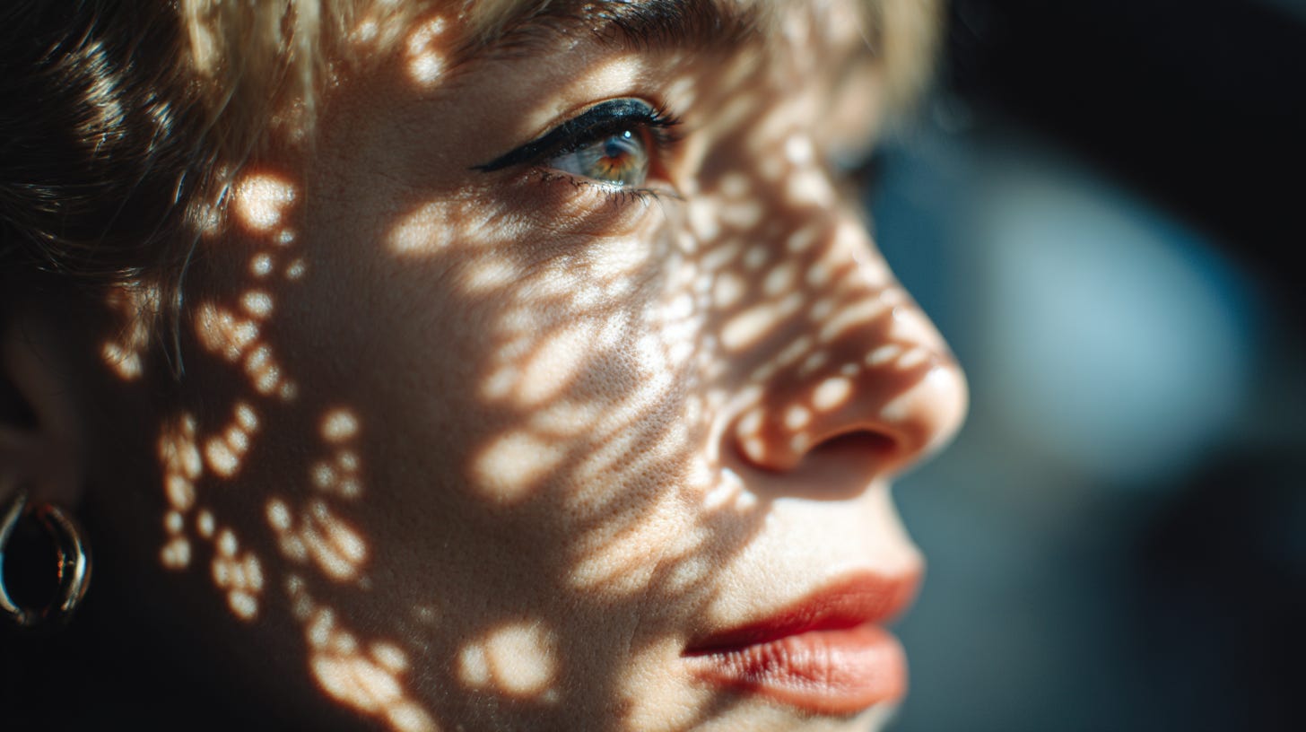 A portrait of an attractive woman in her mid-20s with blonde hair, wearing eyeliner and lipstick, looking out the window inside a car. The sunlight is shining through from outside onto her face, creating intricate patterns on it like pixelated light effects. --ar 16:9 --profile 5nv9sv3 --v 7 A portrait of an attractive woman in her mid-20s with blonde hair, wearing eyeliner and lipstick, looking out the window inside a car. The sunlight is shining through from outside onto her face, creating intricate patterns on it like pixelated light effects. --ar 16:9 --profile 5nv9sv3 --v 7