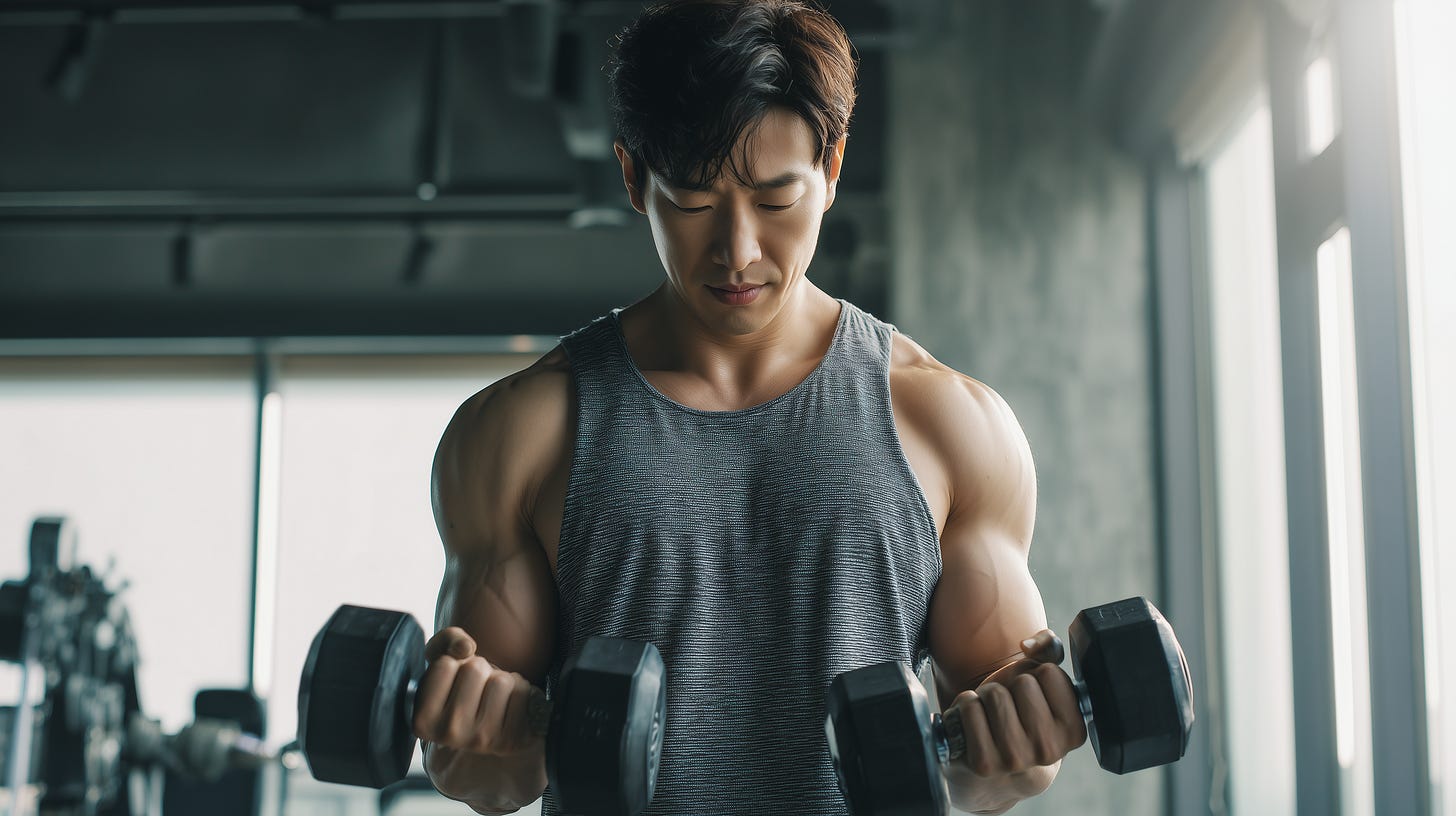 Fit muscular man in a singlet doing bicep curls in the gym.  Fit muscular man in a singlet doing bicep curls in the gym.