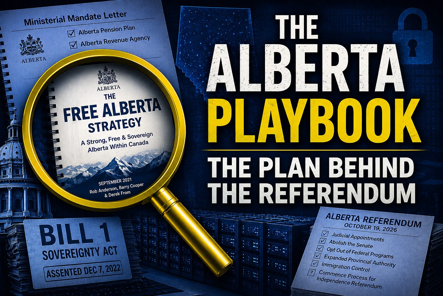 Magnifying glass over the Free Alberta Strategy beside Bill 1, government mandate letters, and an Alberta referendum ballot under the headline "The Alberta Playbook." Magnifying glass over the Free Alberta Strategy beside Bill 1, government mandate letters, and an Alberta referendum ballot under the headline "The Alberta Playbook."