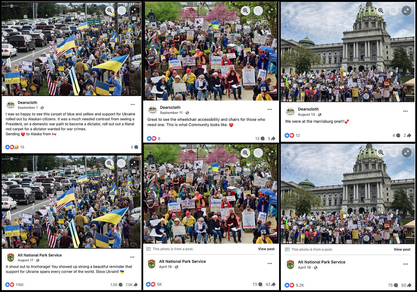 three examples of the Dearscloth Facebook account plagiarizing photos from the Alt National Park Service Facebook account