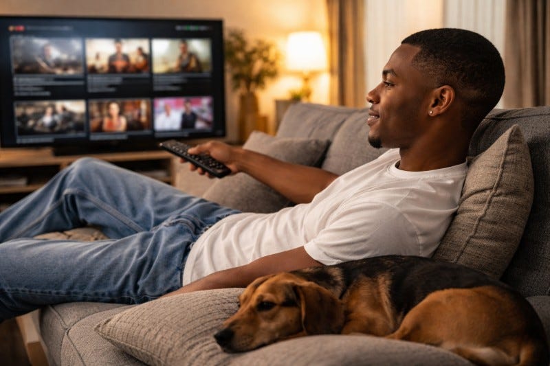 Man watching streaming channel in a living room while his dog sleeps on the couch next to him.