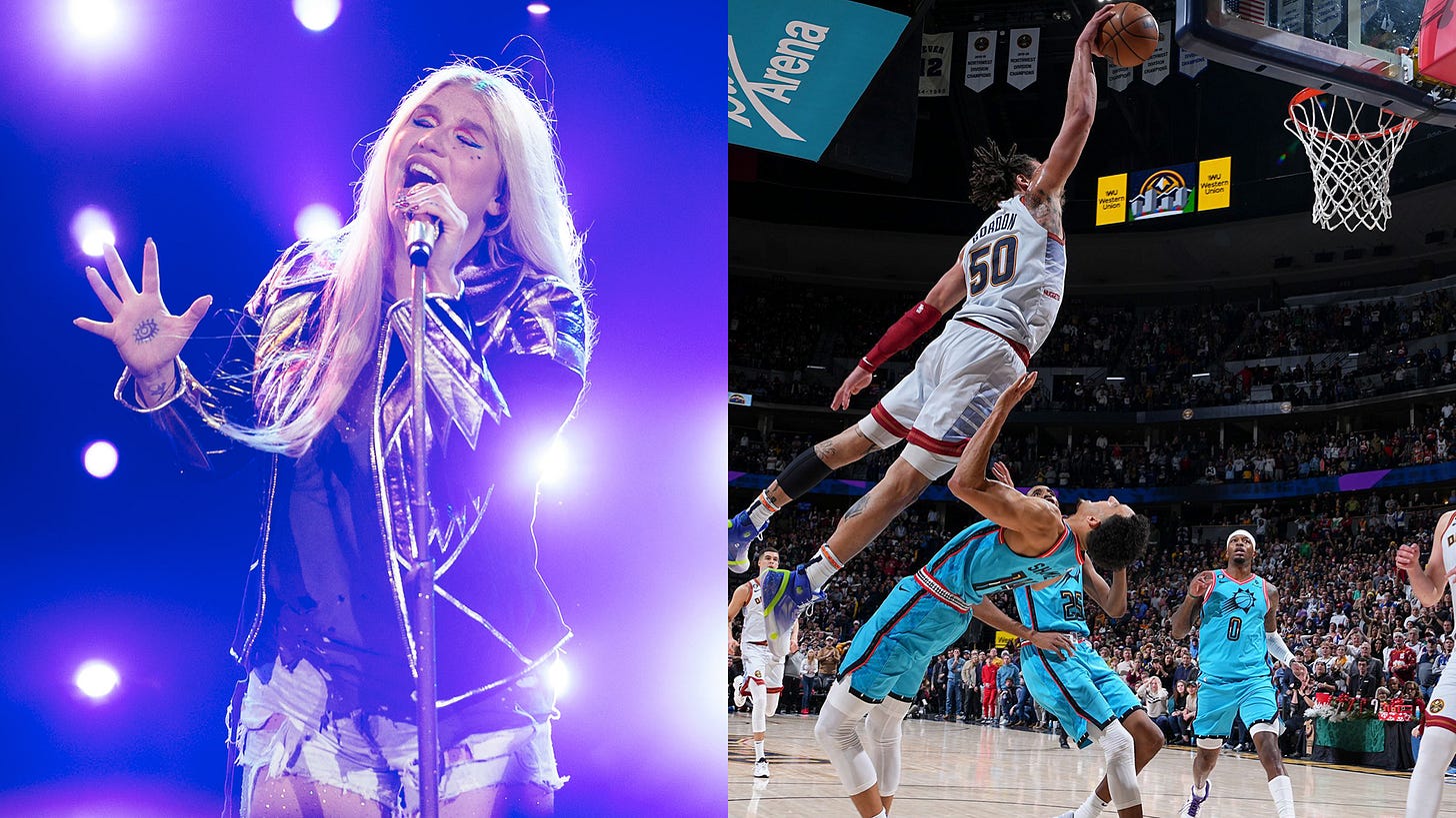 Side by side photo set featuring photo of Kesha singing on the left and Aaron Gordon dunking over Landry Shamet on the right