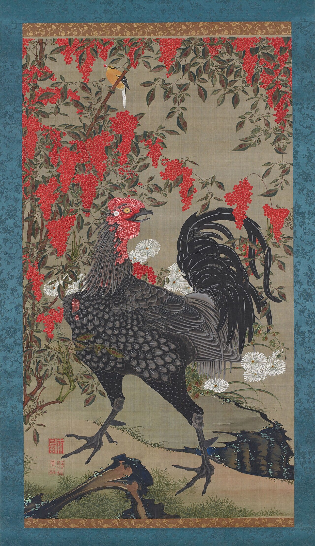 A rooster rendered in fine detail on silk A rooster rendered in fine detail on silk