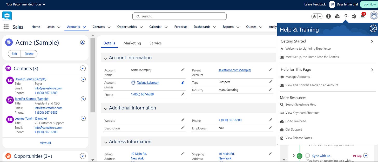 Screenshot of Salesforce's help pop up box