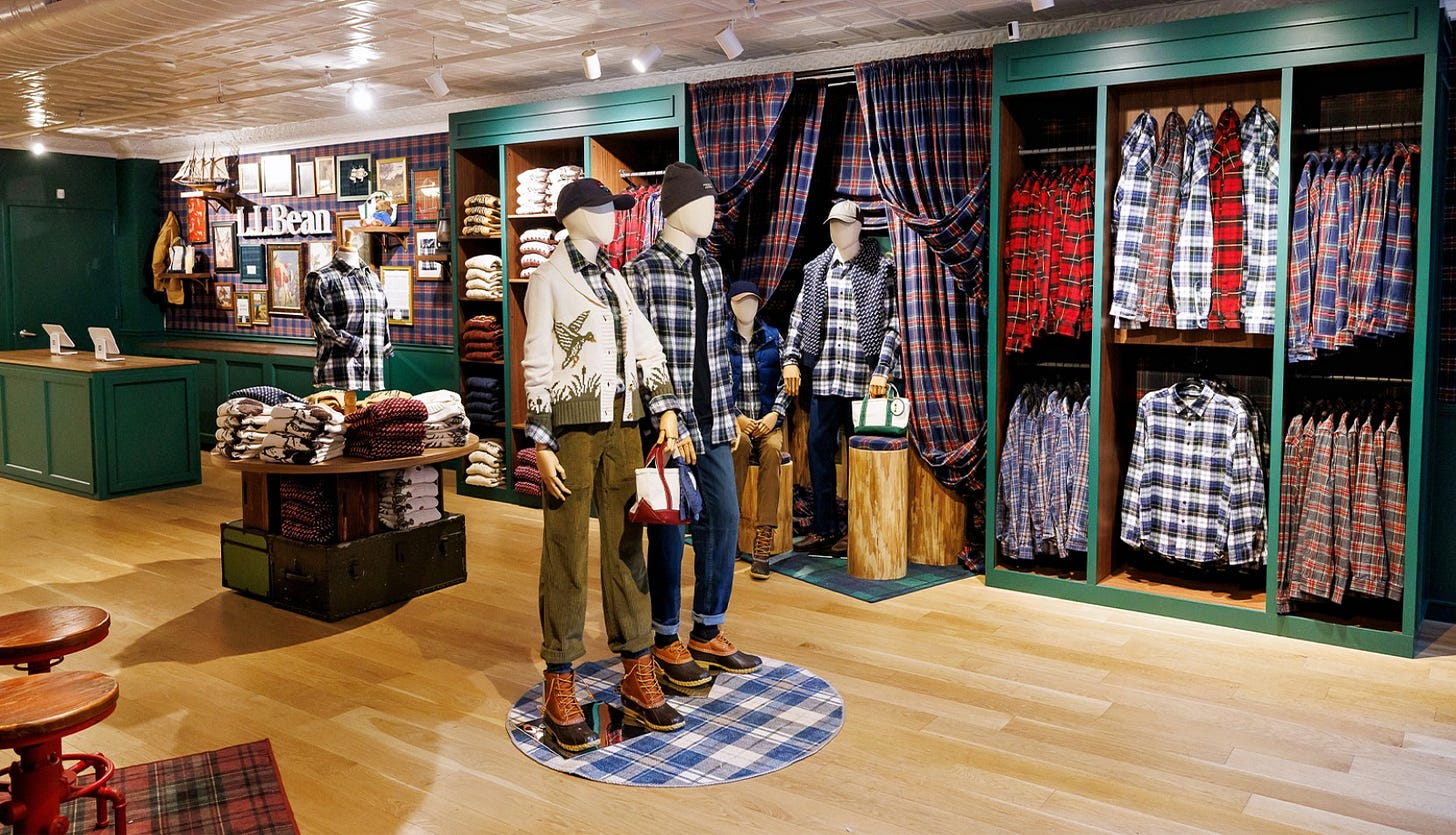 View of the interior of the L.L.Bean NYC Residency, showcasing flannels, sweaters, and other seasonal essentials.