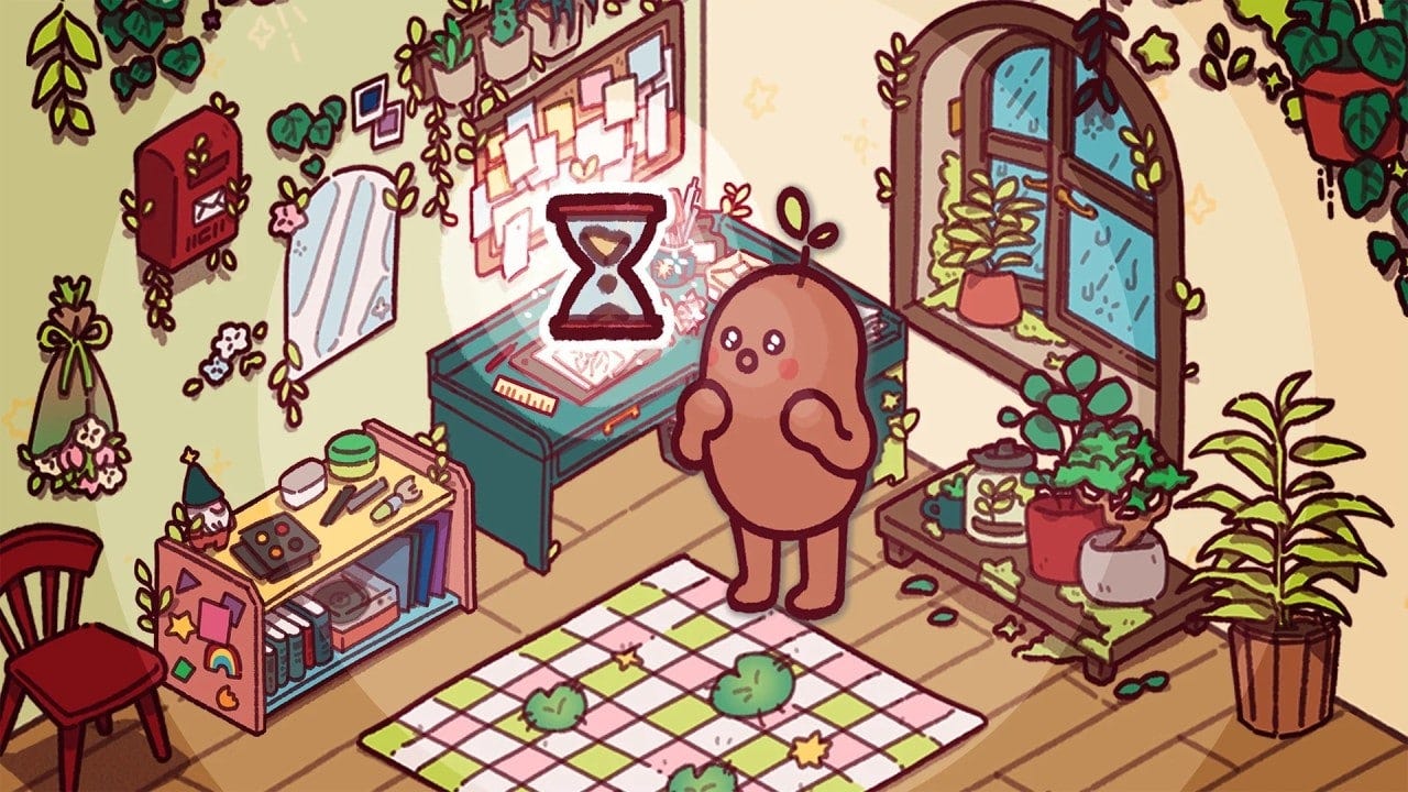 A cozy, animated room filled with plants and whimsical decor. In the center, a round brown character with a tiny sprout on its head stands on a colorful checkered rug, smiling. To the left, a red wall mailbox is framed by leaves and flowers near a mirror surrounded by greenery; a nearby shelf holds books, a paint palette, stars, and a rainbow. On the right, sunlight streams through a woodenâframed window lined with potted plants. In the background, a green table sits beneath a softly glowing hourglass symbol, adding a magical touch. A cozy, animated room filled with plants and whimsical decor. In the center, a round brown character with a tiny sprout on its head stands on a colorful checkered rug, smiling. To the left, a red wall mailbox is framed by leaves and flowers near a mirror surrounded by greenery; a nearby shelf holds books, a paint palette, stars, and a rainbow. On the right, sunlight streams through a woodenâframed window lined with potted plants. In the background, a green table sits beneath a softly glowing hourglass symbol, adding a magical touch.