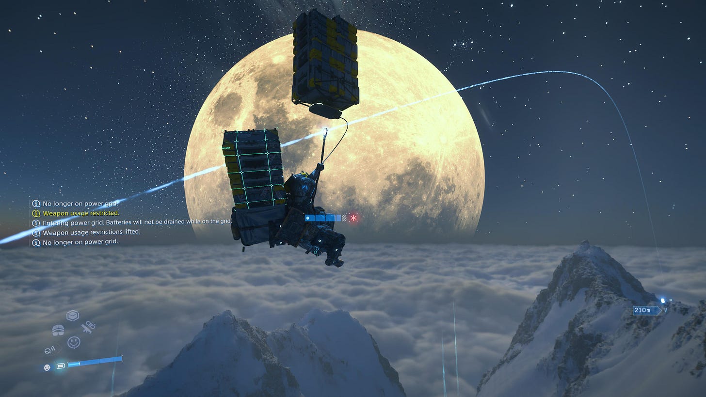 Sam and his packages travel on a zipline high above the mountains; the moon is bright and large in the distance.