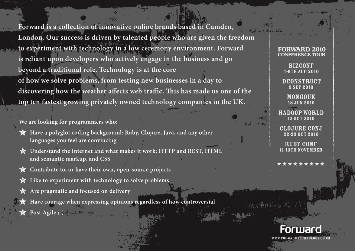 A recruitment flyer for Forward, a Camden-based tech company, listing their "post-Agile" developer job requirements including polyglot coding skills, low ceremony environment, and courage to express controversial opinions. The flyer advertises their 2010 conference tour and ends with "Post Agile ;-)" exemplifying the rockstar developer culture described in the essay. A recruitment flyer for Forward, a Camden-based tech company, listing their "post-Agile" developer job requirements including polyglot coding skills, low ceremony environment, and courage to express controversial opinions. The flyer advertises their 2010 conference tour and ends with "Post Agile ;-)" exemplifying the rockstar developer culture described in the essay.
