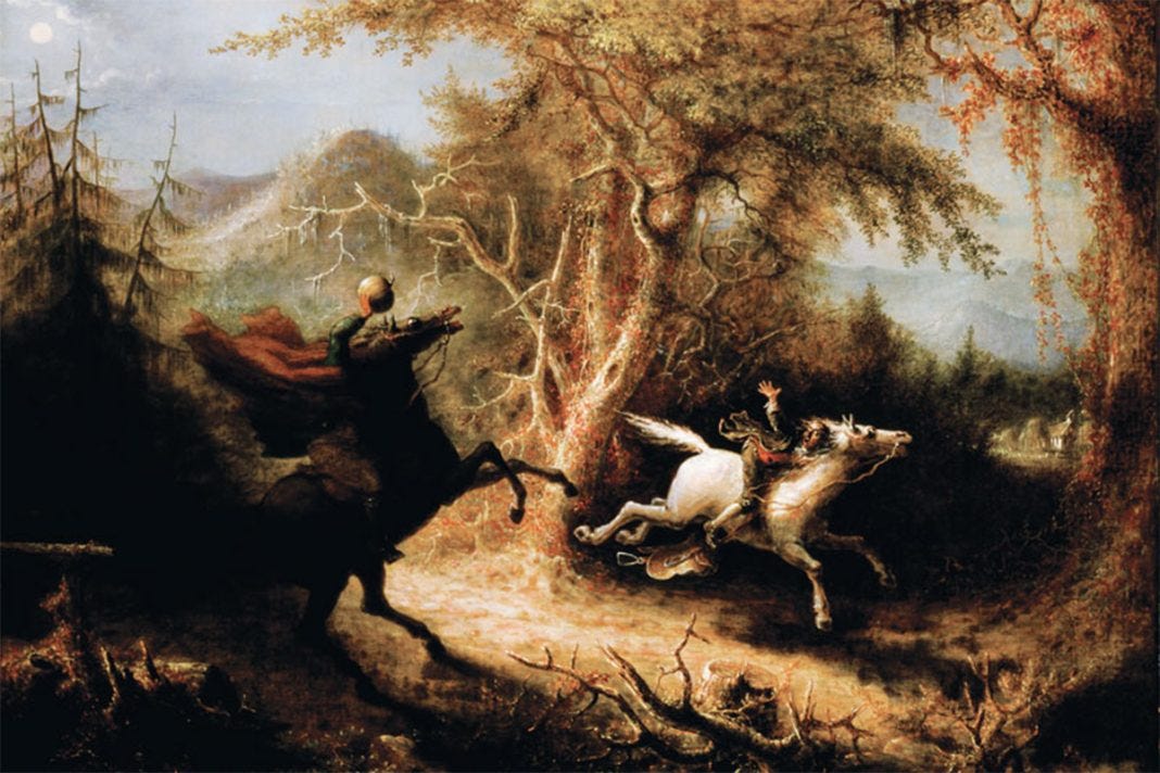 The headless horseman pursuing Ichabod Crane