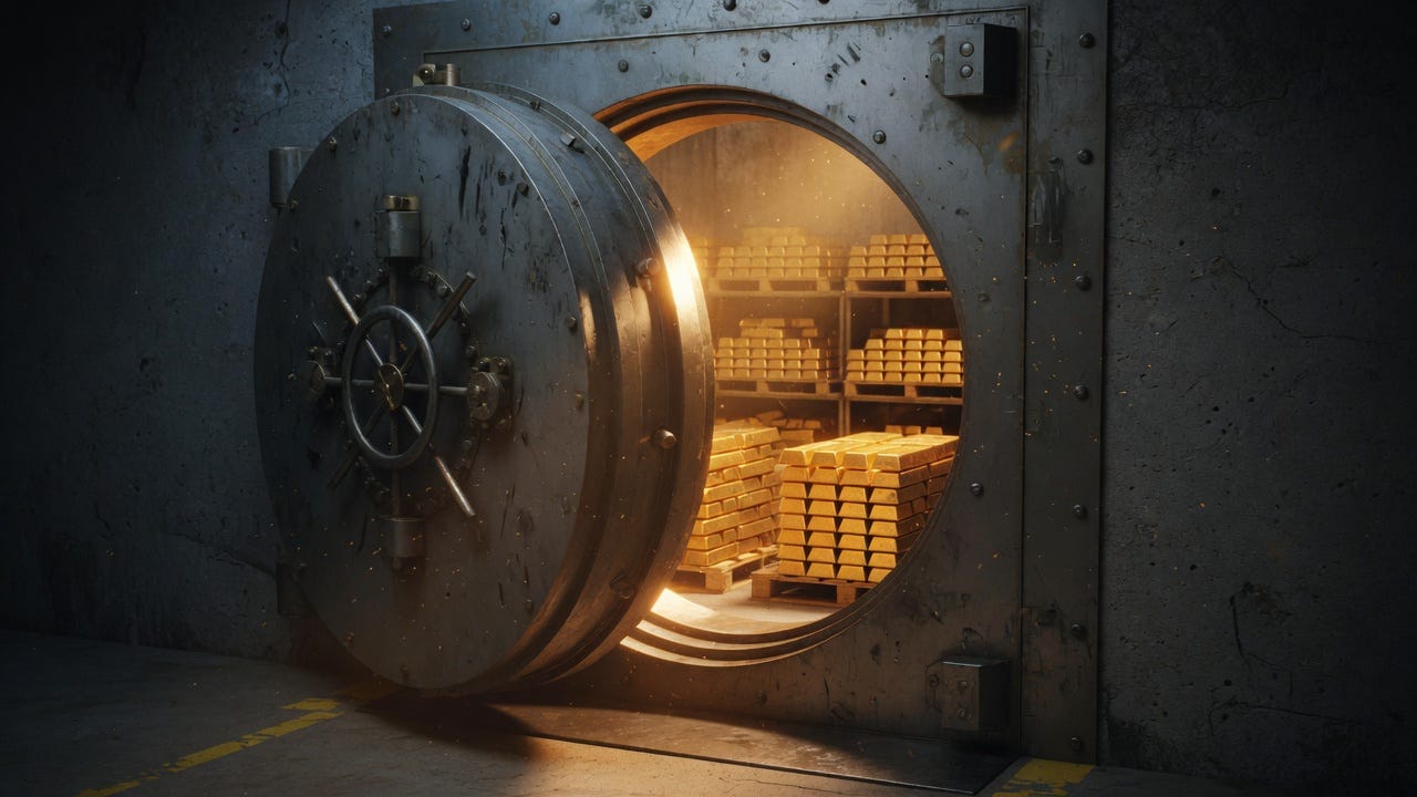 Heavy stone vault door cracked open with gold bars visible inside, dramatic overhead lighting, dust particles in dark atmosphere