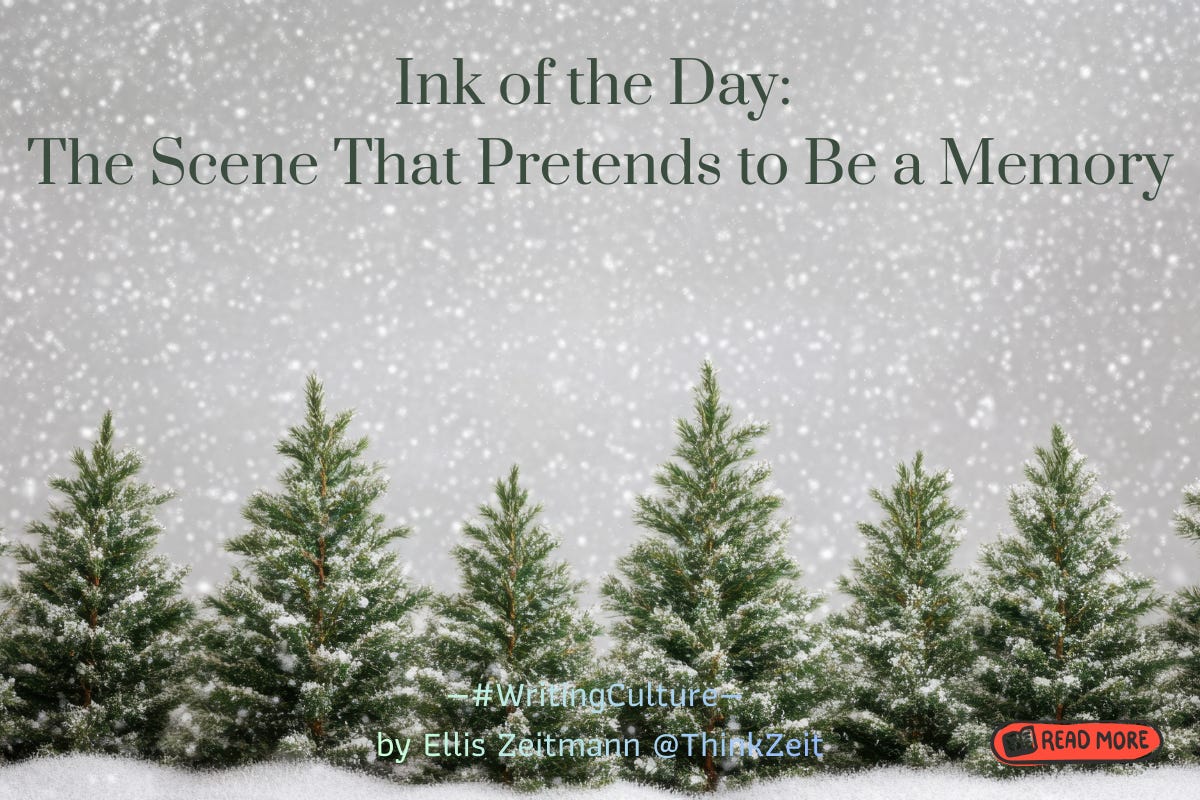 A row of snow-covered evergreen trees stands against a pale grey winter sky filled with softly falling snow. Above the trees, centered text reads “Ink of the Day: The Scene That Pretends to Be a Memory.” At the bottom, smaller text includes “#WritingCulture — by Ellis Zeitmann @ThinkZeit,” with a small red “Read More” button on the lower right. A row of snow-covered evergreen trees stands against a pale grey winter sky filled with softly falling snow. Above the trees, centered text reads “Ink of the Day: The Scene That Pretends to Be a Memory.” At the bottom, smaller text includes “#WritingCulture — by Ellis Zeitmann @ThinkZeit,” with a small red “Read More” button on the lower right.