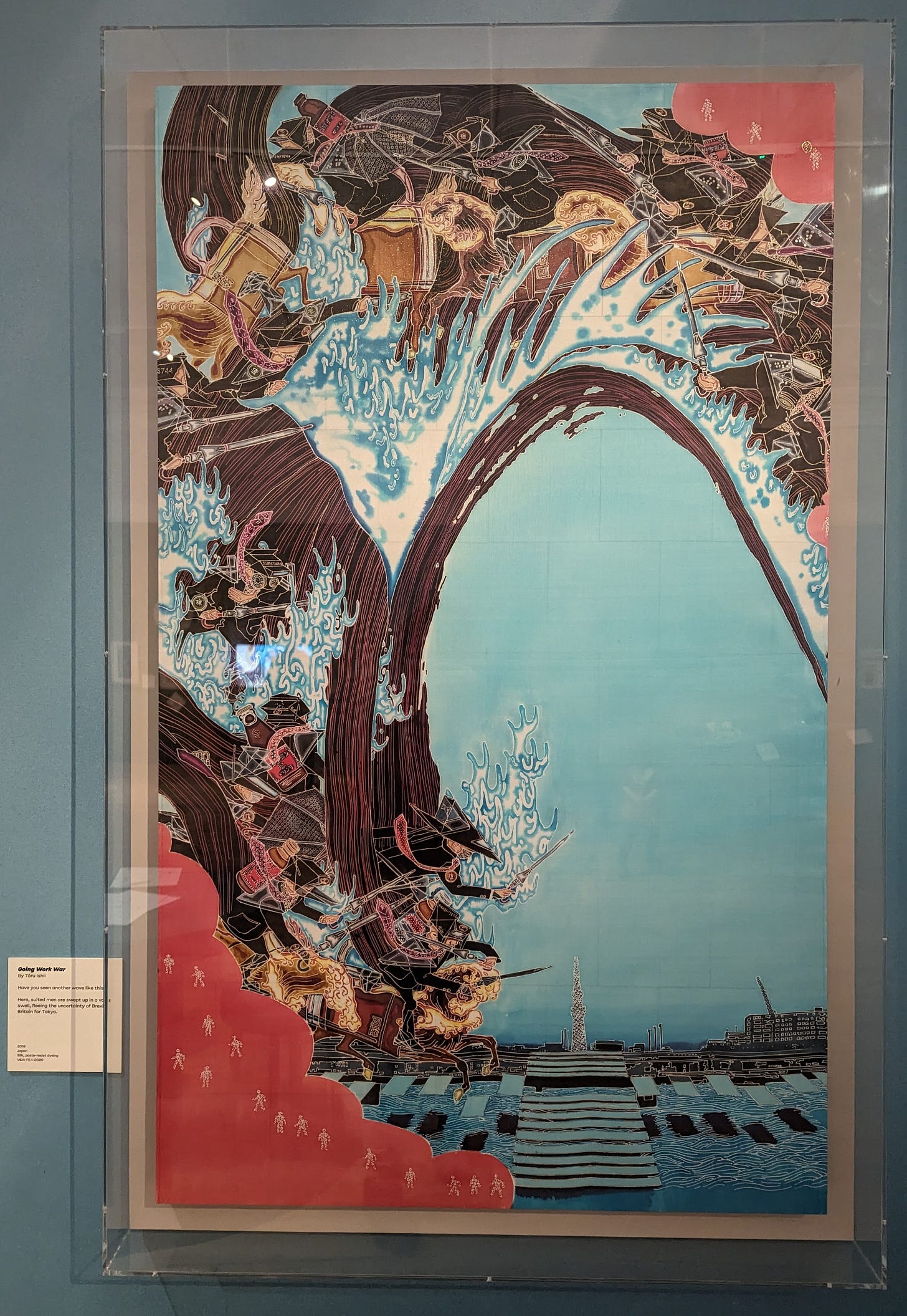 Reminiscent of The Great Wave, 'Going Work War', yuzen-dyed silk with sheet mirror backing mounted on an aluminium panel Reminiscent of The Great Wave, 'Going Work War', yuzen-dyed silk with sheet mirror backing mounted on an aluminium panel