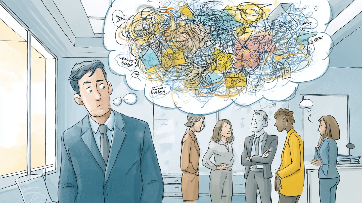 Cartoon professional with calm exterior expression but complex thought bubble showing internal chaos of ideas, tasks and emotions. Colleagues have speech bubbles with misconceptions while missing the creative connections also present in the thought bubble. Cartoon professional with calm exterior expression but complex thought bubble showing internal chaos of ideas, tasks and emotions. Colleagues have speech bubbles with misconceptions while missing the creative connections also present in the thought bubble.